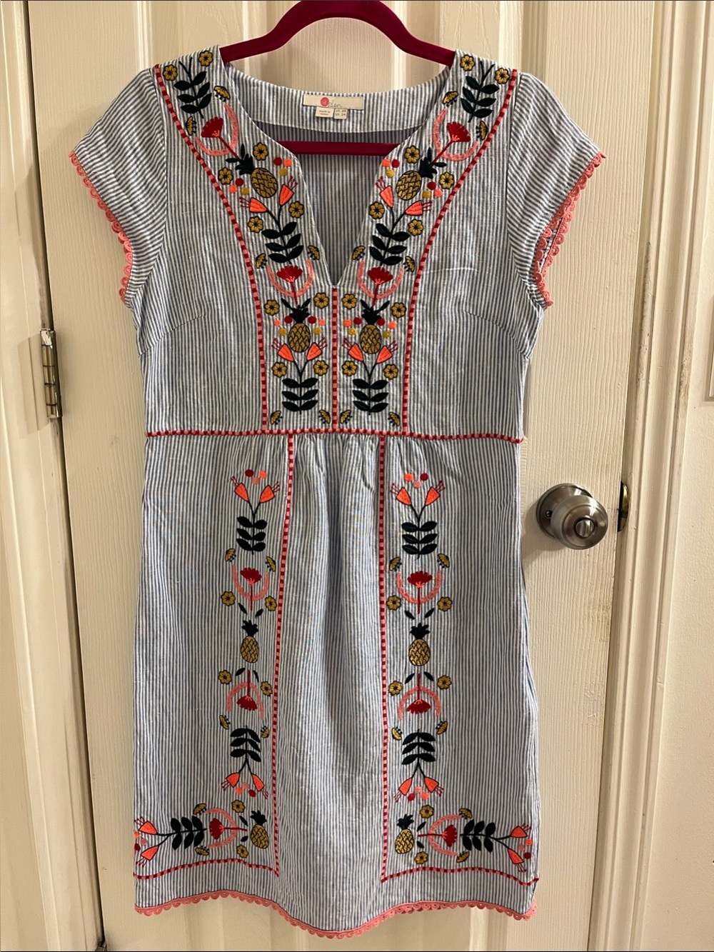Boden Light Blue & White Striped Embroidered Cotton Dress